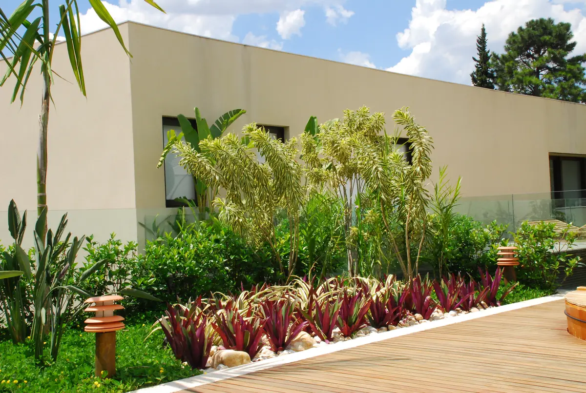 Jardín moderno con deck de madera, plantas exóticas y arquitectura minimalista — proyecto Residência EC, por Gil Fialho