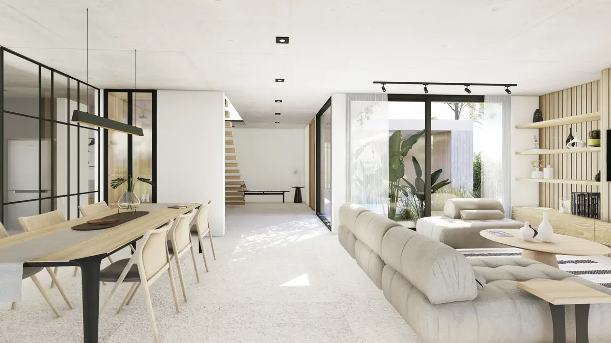 Amplio living contemporáneo con doble altura y luz natural abundante — proyecto Casa Naudir, por RY Construir Estudio, en Belén de Escobar