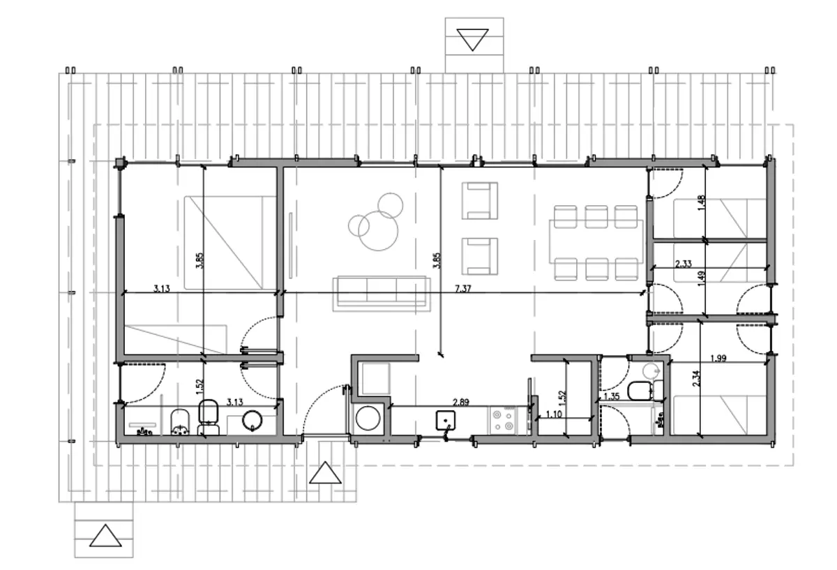 Planta de casa moderna com conceito aberto e muita luz natural — projeto Casa Rancho, por B3