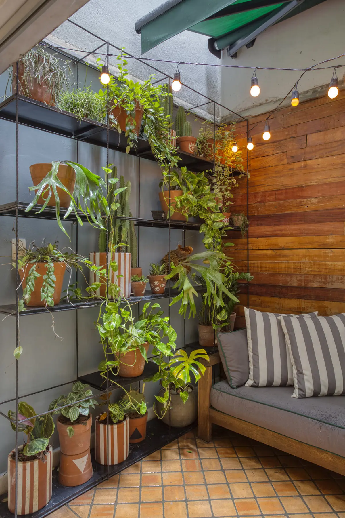 Terraza con jardin vertical, plantas colgantes y iluminacion calida — proyecto Hugo Gloss, por Studio Ro-ca