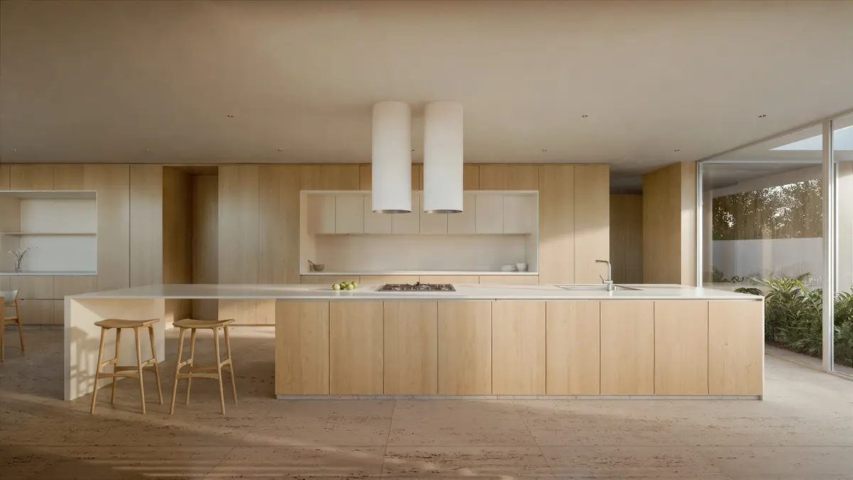 Cocina minimalista con isla de madera y ventanales amplios — proyecto CASA ACASSUSO, por GMARQ, en San Isidro