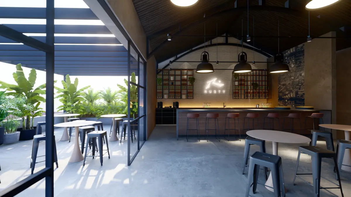 Terraza comercial moderna con vegetación y estilo industrial — proyecto EDIFICIO CORPORATIVO ELORDI, por EDIFIZZI, en Buenos Aires