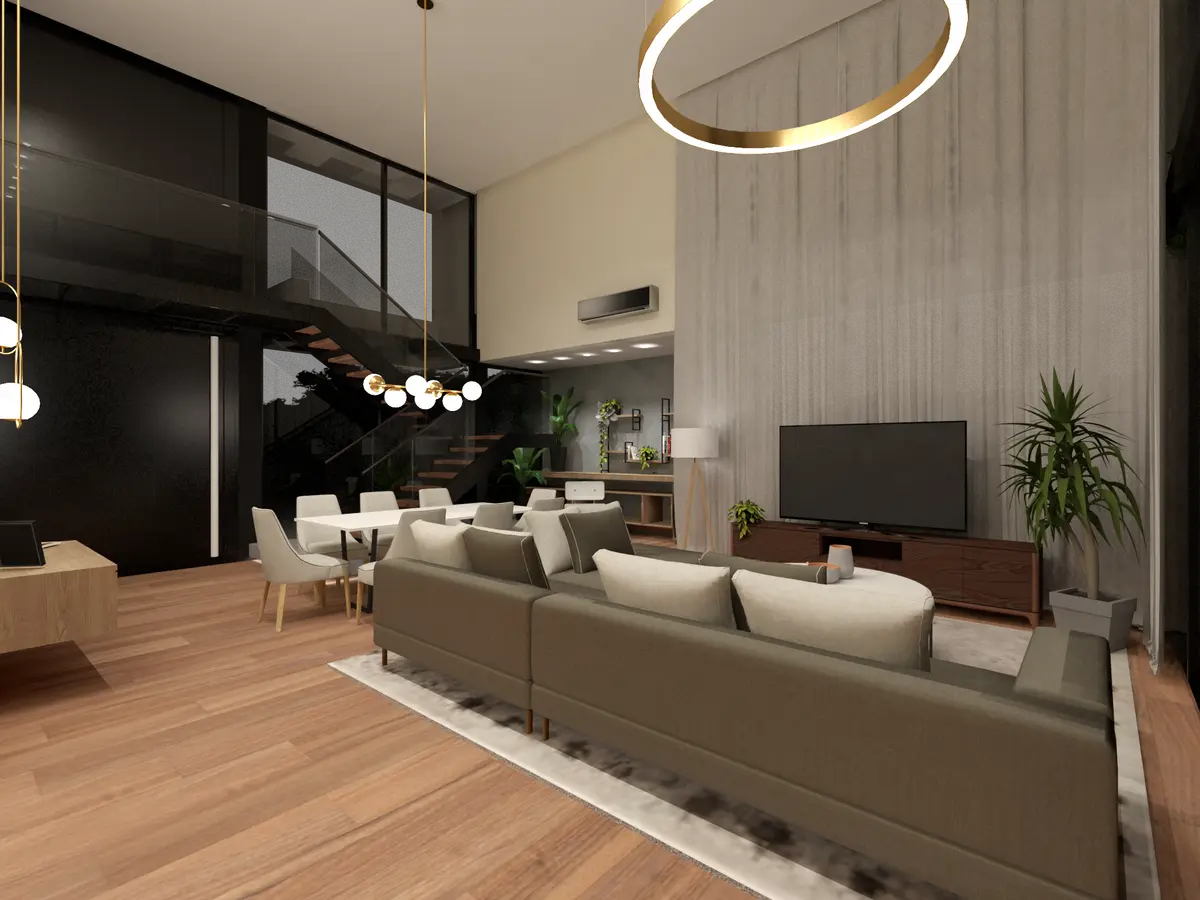 Living comedor moderno con doble altura, concreto y madera — proyecto Casa TLS847, por EZ architects, en Canning