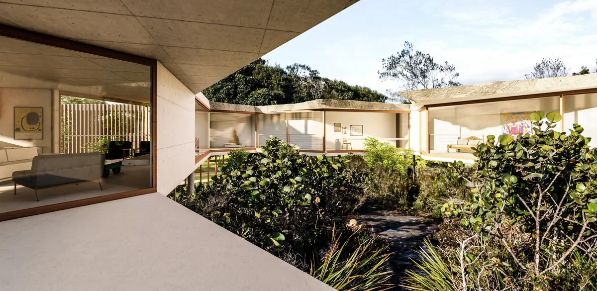 Jardim com cor predominante Bege do Projeto Casa Veredas por Tetro Arquitetura