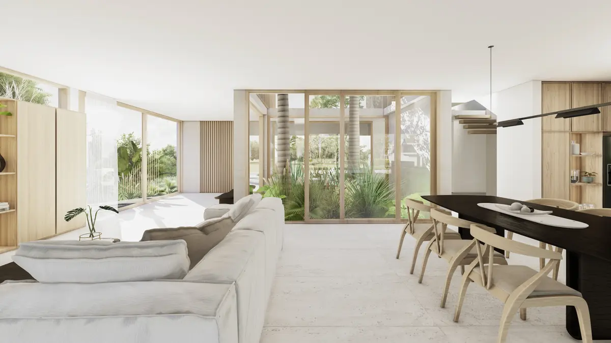 living contemporáneo con ventanal, cocina integrada y jardín vertical — proyecto Casa Canal, por RY Construir Estudio, en Belén de Escobar