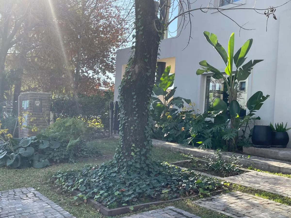 Fachada moderna con árbol imponente y jardín exuberante — proyecto Ayres LG, por Baires Green, en San Isidro
