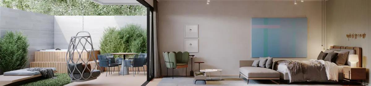 living moderno con ventanal, jardin interior y mobiliario contemporaneo — proyecto Bossa 107 -BAIT, por Studio Ro-ca
