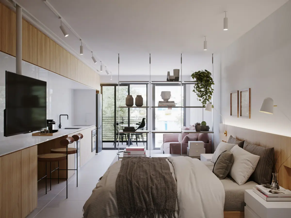 Dormitorio moderno con cama integrada, escritorio y ventanal a terraza — proyecto Bossa 107 -BAIT, por Studio Ro-ca