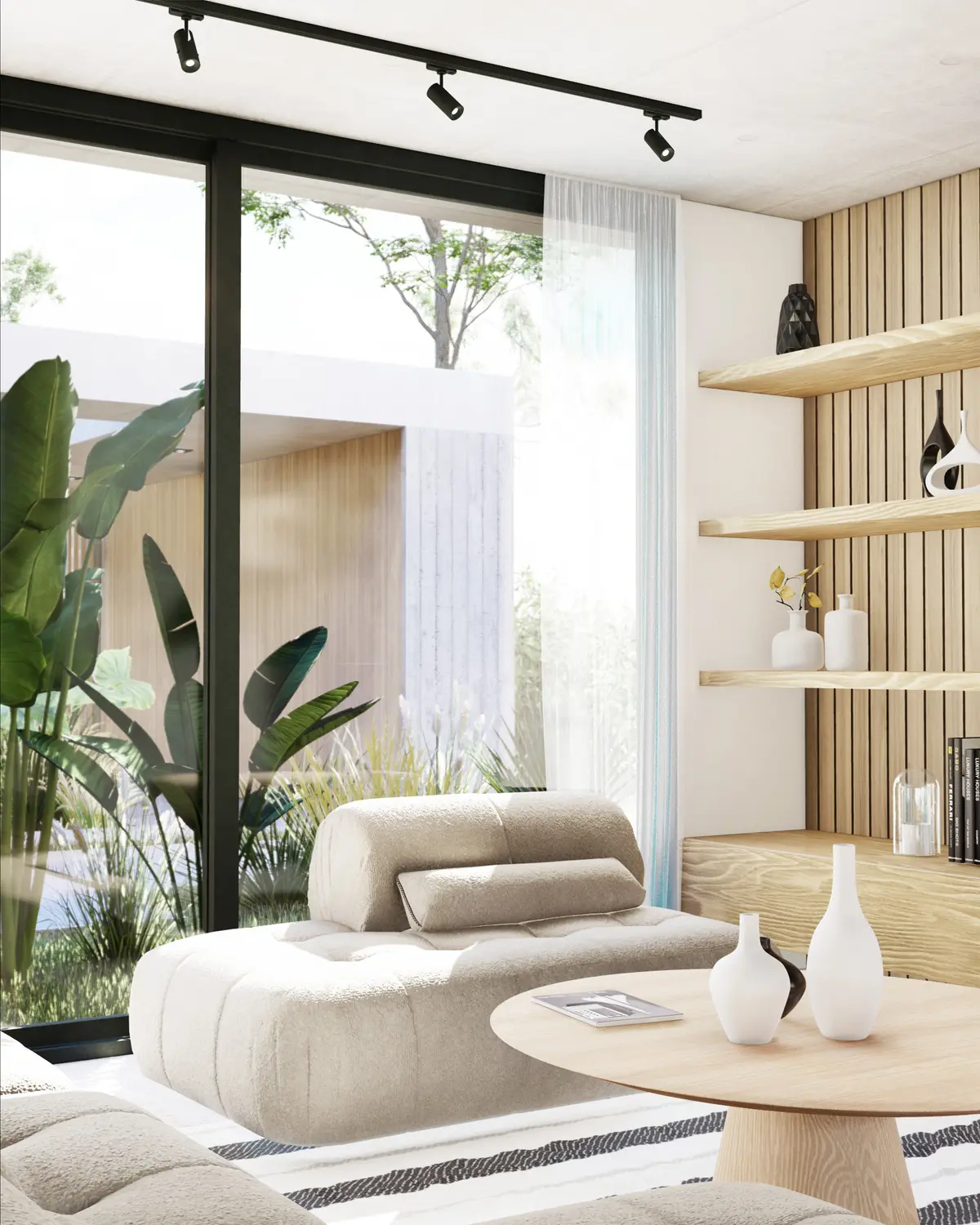 Living minimalista con sillón beige, estantes de madera y ventanal con vista al jardin — proyecto Casa Naudir, por RY Construir Estudio, en Belén de Escobar
