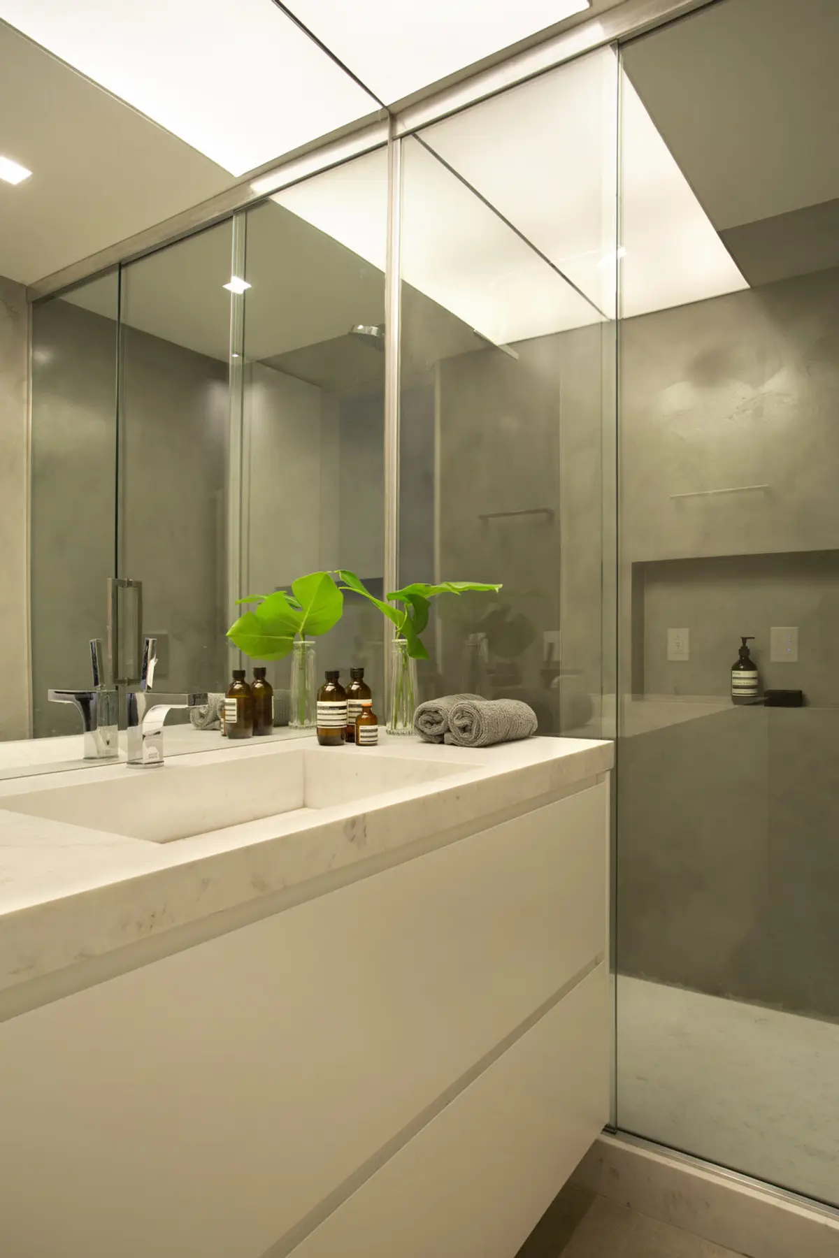 Baño moderno con mesada mármol, espejo grande y planta verde — proyecto PL House, por Studio Ro-ca