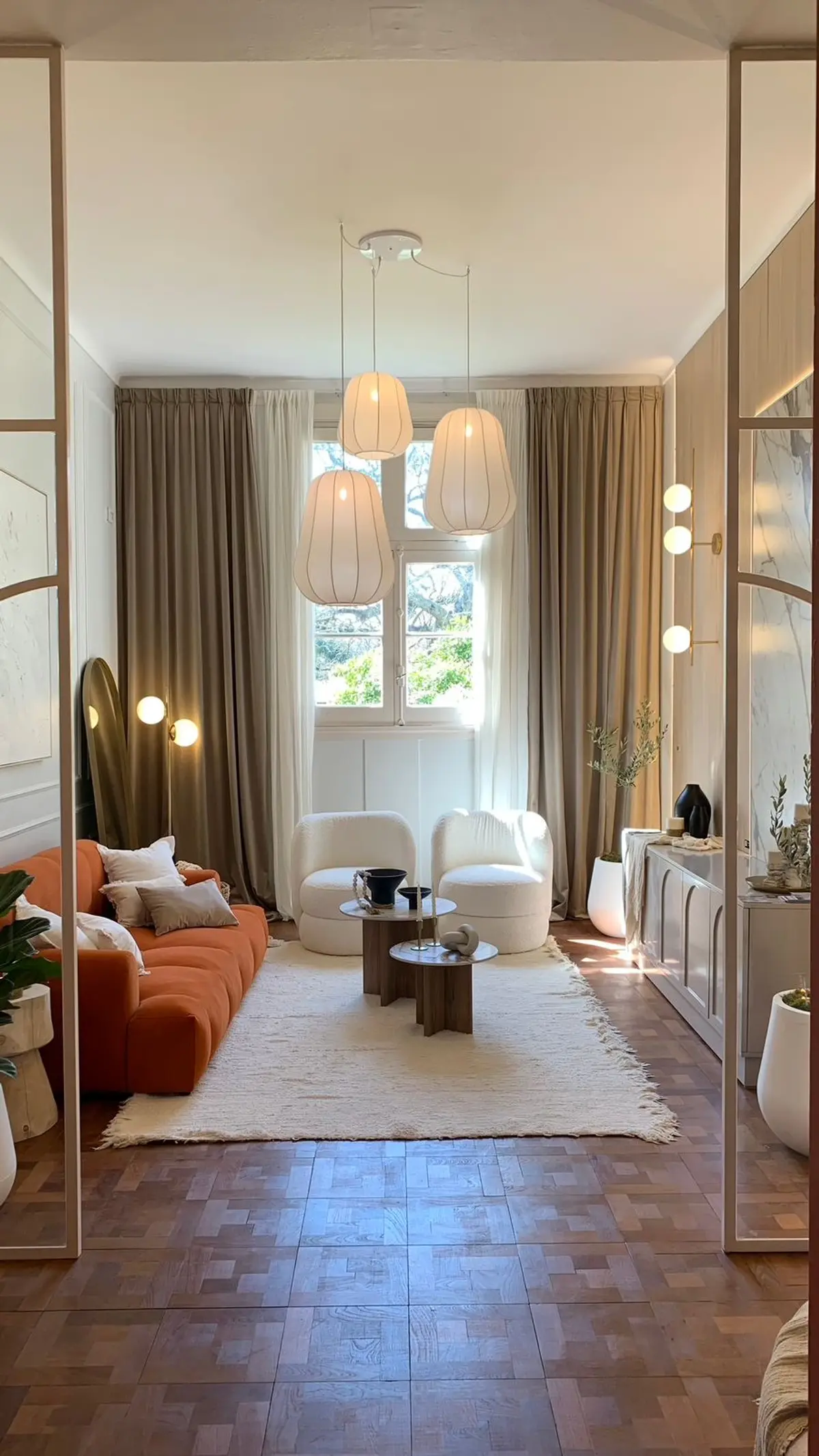 Living moderno con sofá curvo y sillones blancos — proyecto Living Puente , por Cambareri estudio , en La Plata