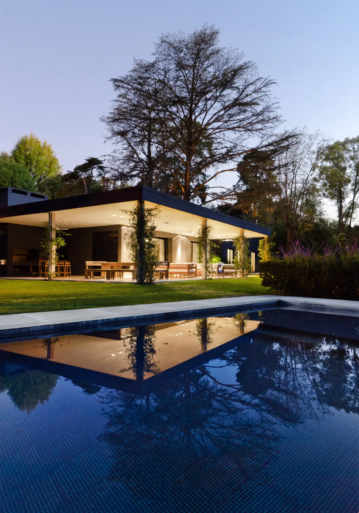 Pileta moderna frente a casa con piscina reflectante y vegetación — proyecto Casa M, por Estudio Dado, en Pilar