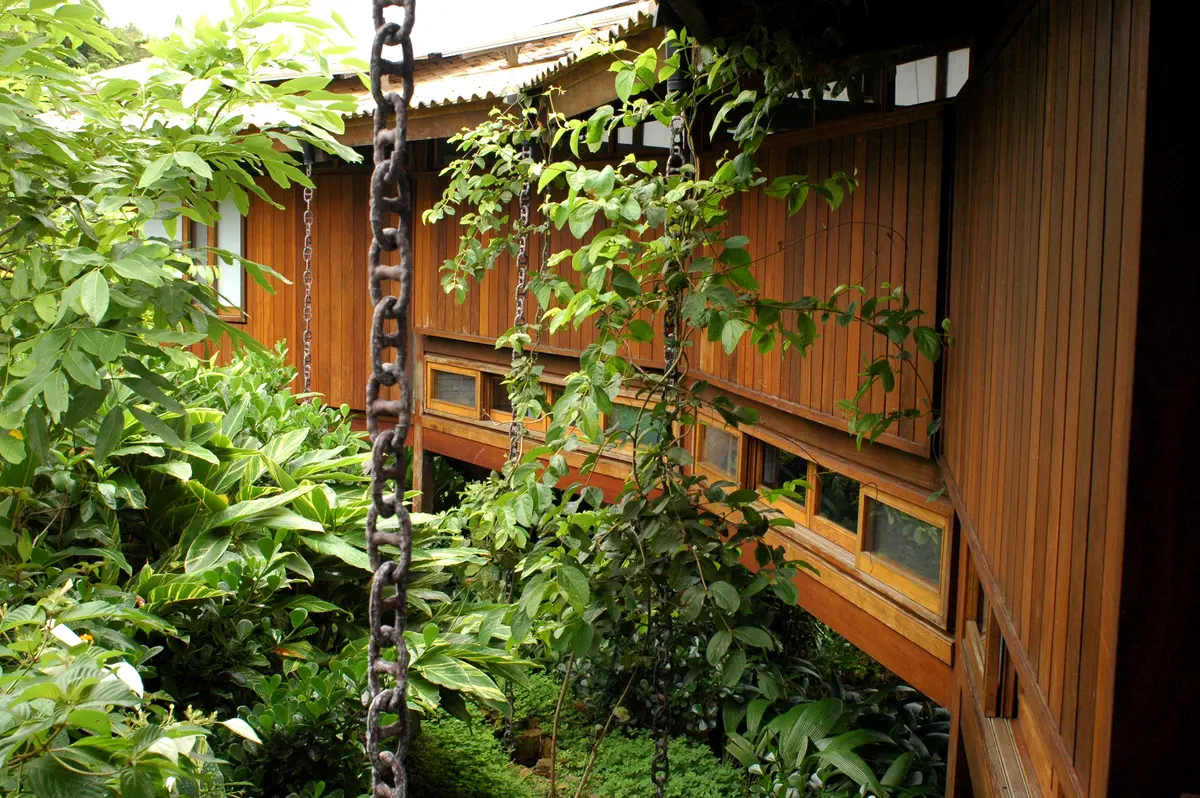 Patio con estructura de madera rústica y vegetación exuberante — proyecto Fazenda Indaiauba, por Gil Fialho
