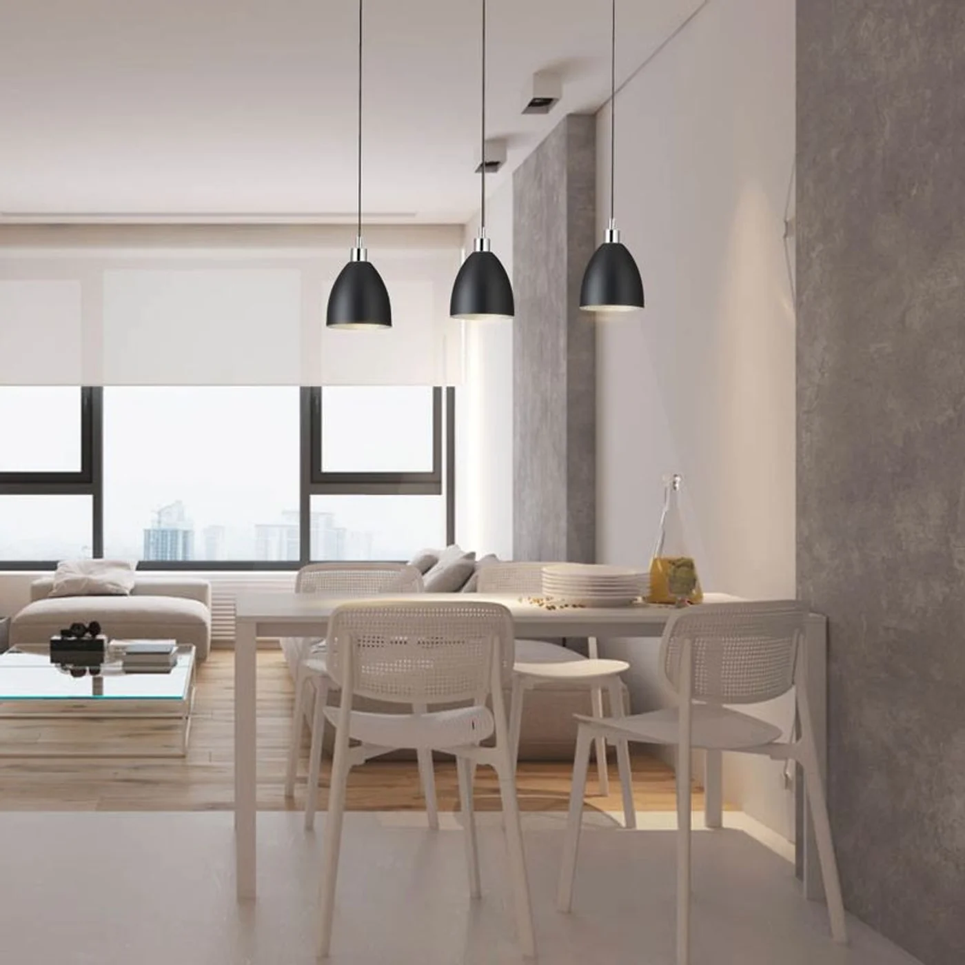 Comedor moderno escandinavo con mucha luz natural y vistas urbanas.